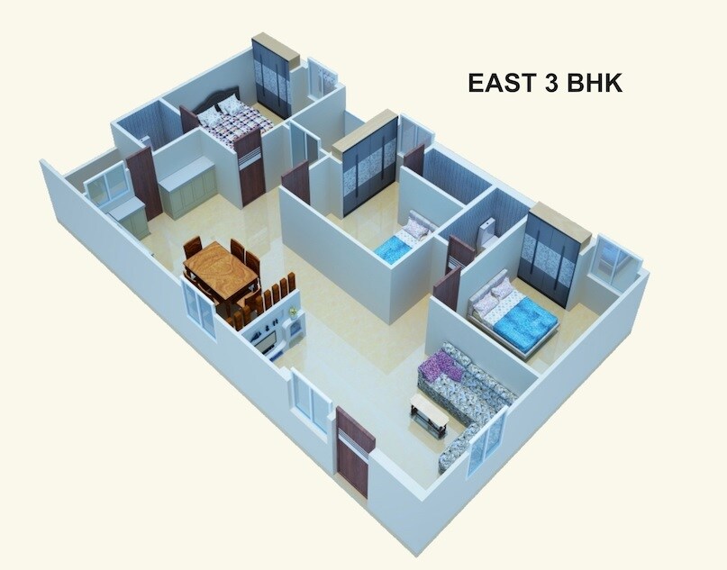 Floor plan of 3 BHK 1365 Sq. Ft. Apartment in KVN Matsyagiri Homes, Hyderabad
