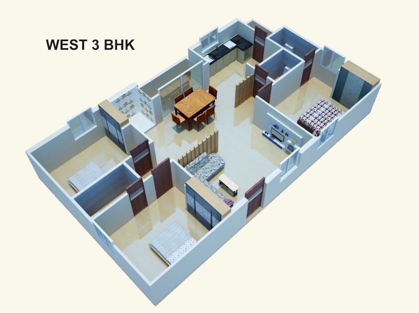 Floor plan of 3 BHK 1570 Sq. Ft. Apartment in KVN Matsyagiri Homes, Hyderabad
