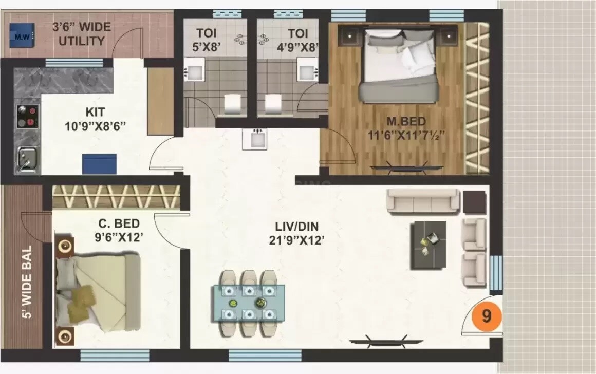 Floor plan of 2 BHK 1124 Sq. Ft. Apartment in KVR Ashraya Awas, Hyderabad