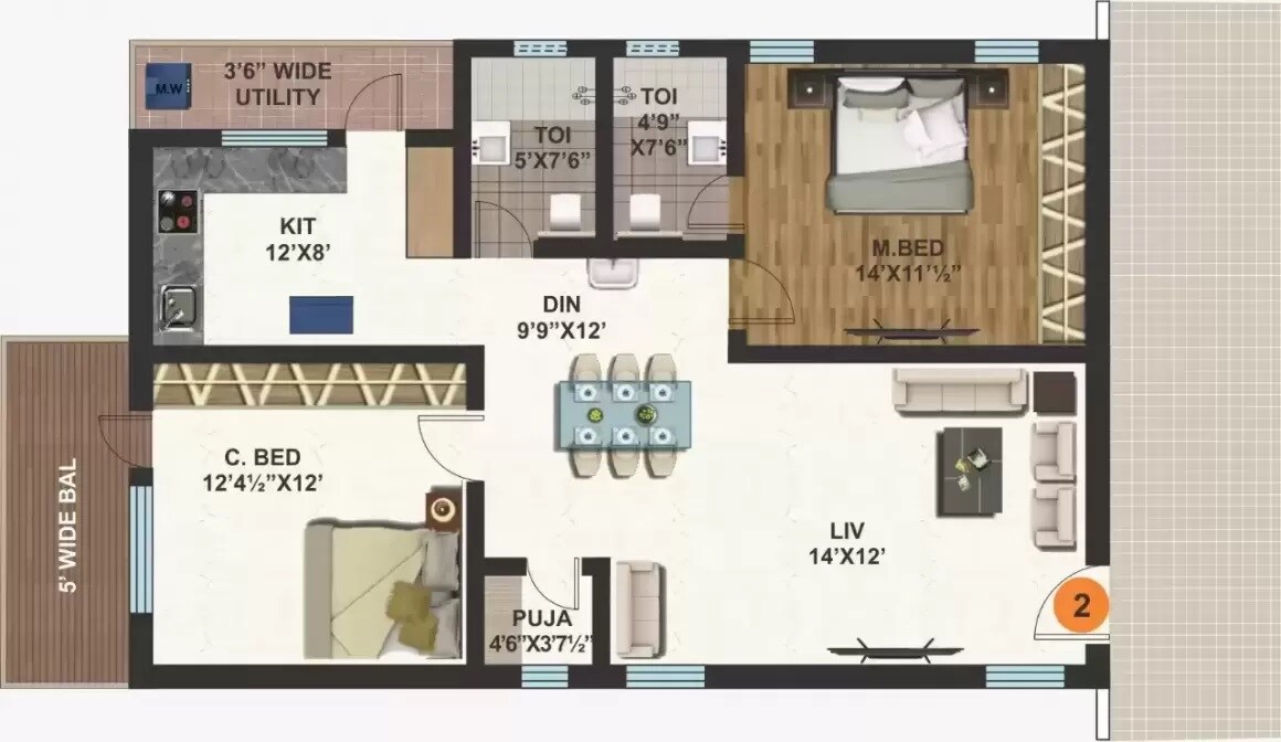 Floor plan of 2 BHK 1282 Sq. Ft. Apartment in KVR Ashraya Awas, Hyderabad