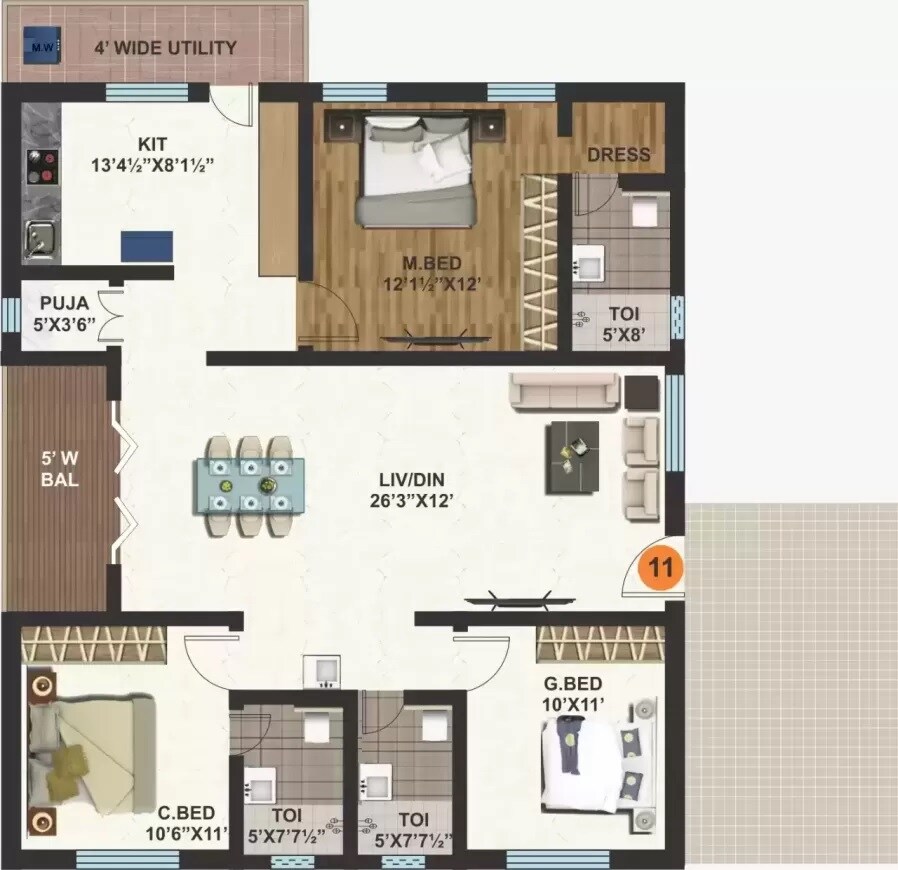 Floor plan of 3 BHK 1590 Sq. Ft. Apartment in KVR Ashraya Awas, Hyderabad