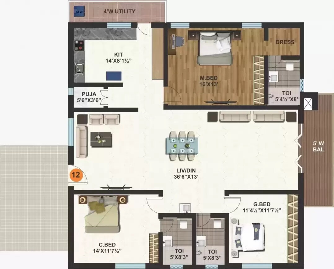Floor plan of 3 BHK 2106 Sq. Ft. Apartment in KVR Ashraya Awas, Hyderabad