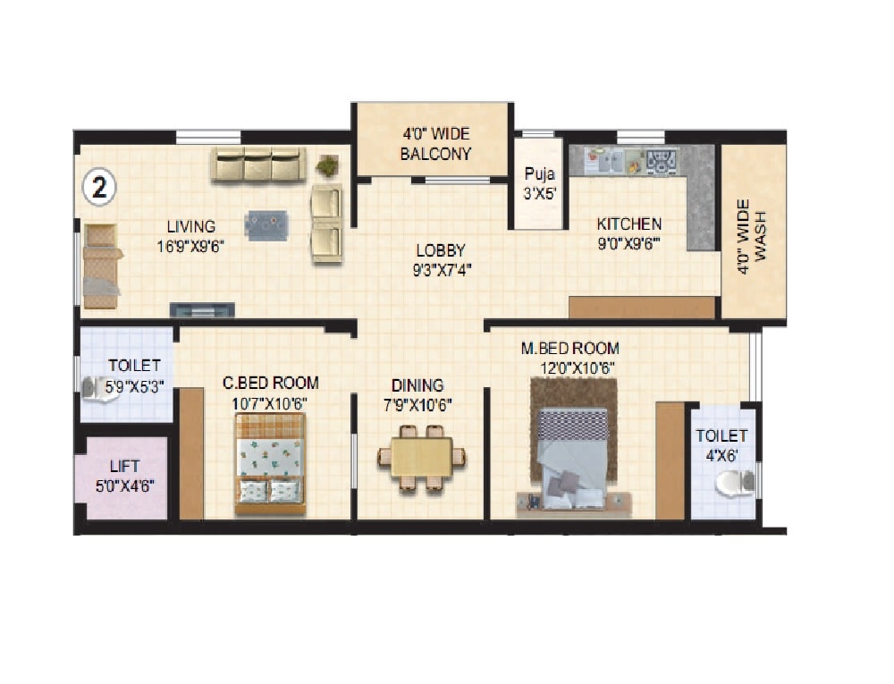 Floor plan of 2 BHK 1230 Sq. Ft. Apartment in KVSS Anjanadri, Hyderabad