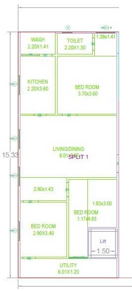 Floor plan of 3 BHK 1500 Sq. Ft. Apartment in KVSS Garudadri Residency, Hyderabad