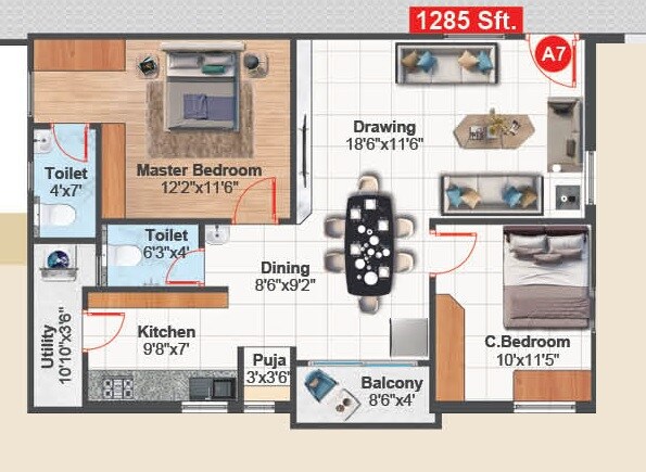 Floor plan of 2 BHK 1285 Sq. Ft. Apartment in KVSS Tulasi Vanam, Hyderabad