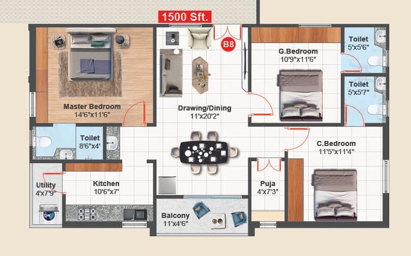 Floor plan of 3 BHK 1500 Sq. Ft. Apartment in KVSS Tulasi Vanam, Hyderabad