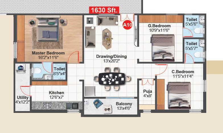 Floor plan of 3 BHK 1630 Sq. Ft. Apartment in KVSS Tulasi Vanam, Hyderabad