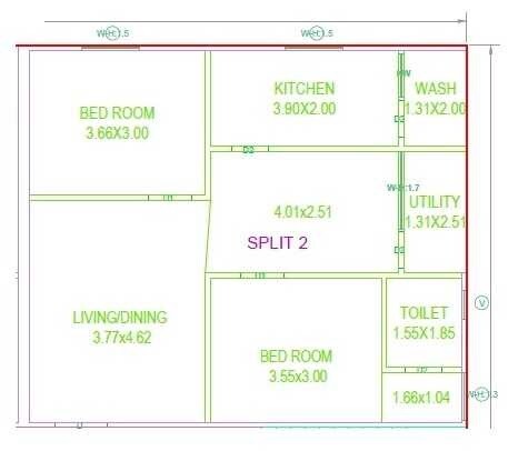 Floor plan of 2 BHK 1220 Sq. Ft. Apartment in KVSS Venkatadri Residency, Hyderabad