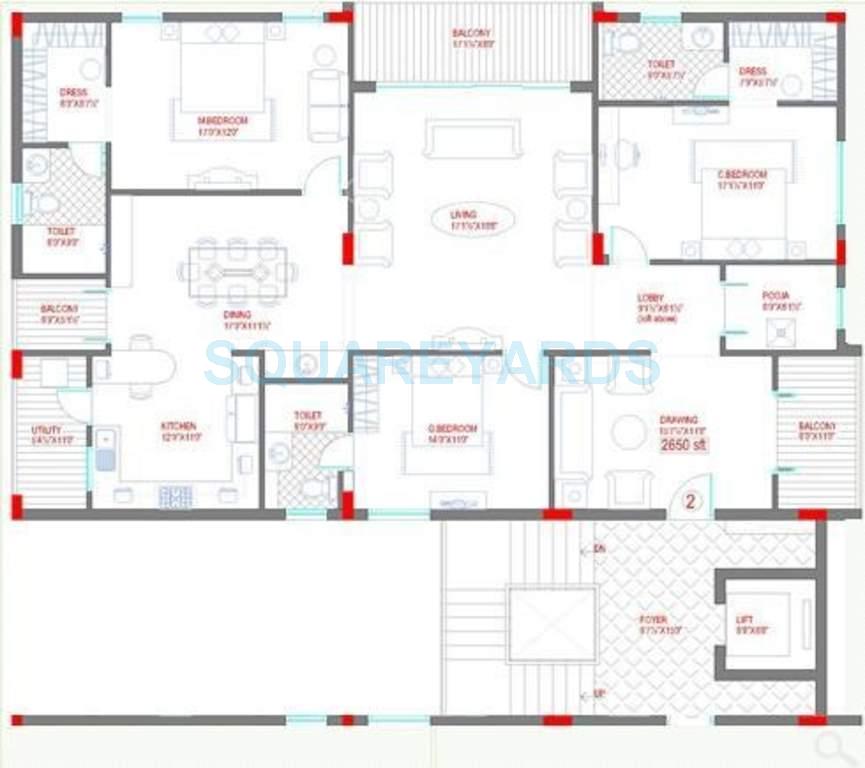 Floor plan of 3 BHK 2650 Sq. Ft. Apartment in Lahari Benz, Hyderabad