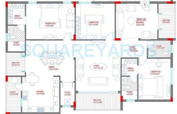 Floor plan of 3 BHK 2653 Sq. Ft. Apartment in Lahari Benz, Hyderabad
