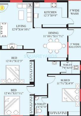 Floor plan of 3 BHK 1660 Sq. Ft. Apartment in Lahari Emerald, Hyderabad