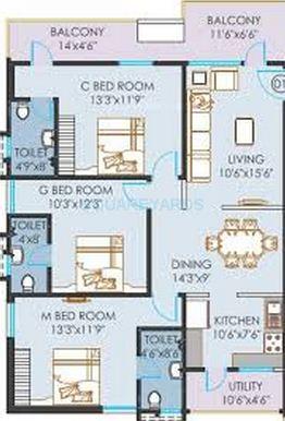 Floor plan of 3 BHK 1735 Sq. Ft. Apartment in Lahari Emerald, Hyderabad