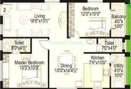 Floor plan of 2 BHK 1099 Sq. Ft. Apartment in Lahari Fort View, Hyderabad