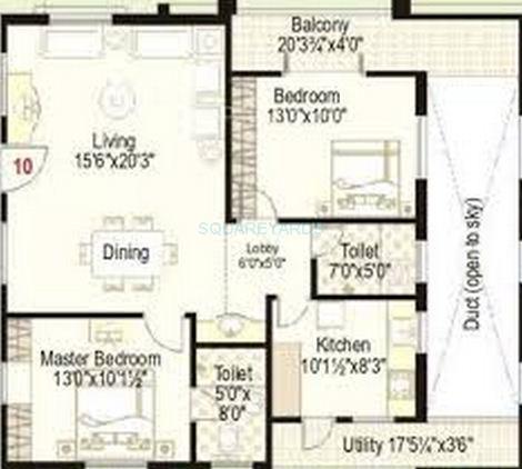 Floor plan of 2 BHK 1205 Sq. Ft. Apartment in Lahari Fort View, Hyderabad