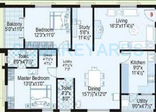Floor plan of 2 BHK 1380 Sq. Ft. Apartment in Lahari Fort View, Hyderabad
