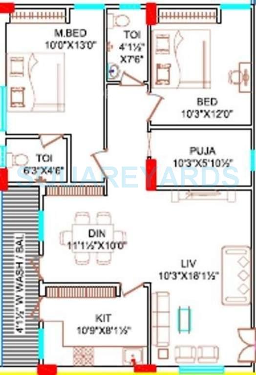 Floor plan of 2 BHK 1145 Sq. Ft. Apartment in Lahari Greens, Hyderabad