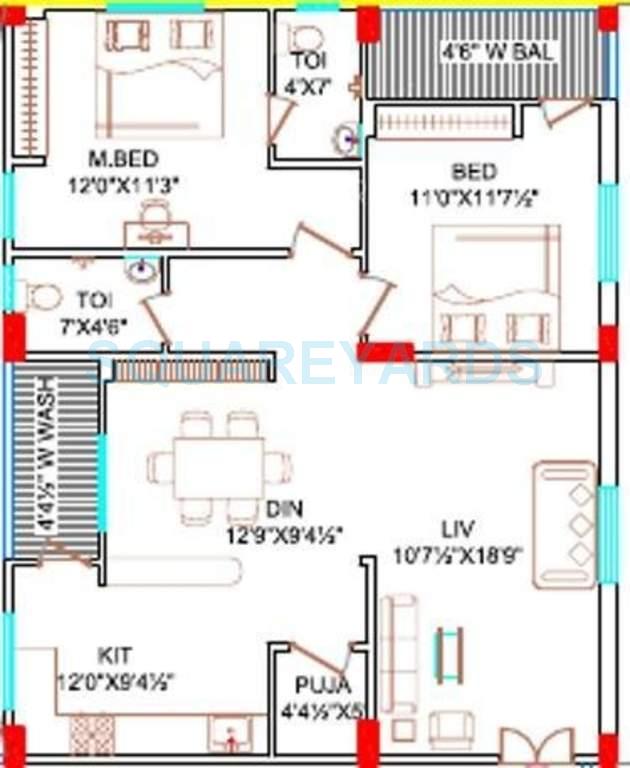 Floor plan of 2 BHK 1205 Sq. Ft. Apartment in Lahari Greens, Hyderabad
