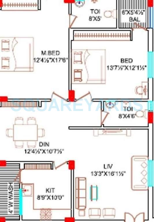 Floor plan of 2 BHK 1270 Sq. Ft. Apartment in Lahari Greens, Hyderabad