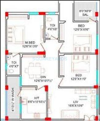 Floor plan of 3 BHK 1675 Sq. Ft. Apartment in Lahari Greens, Hyderabad
