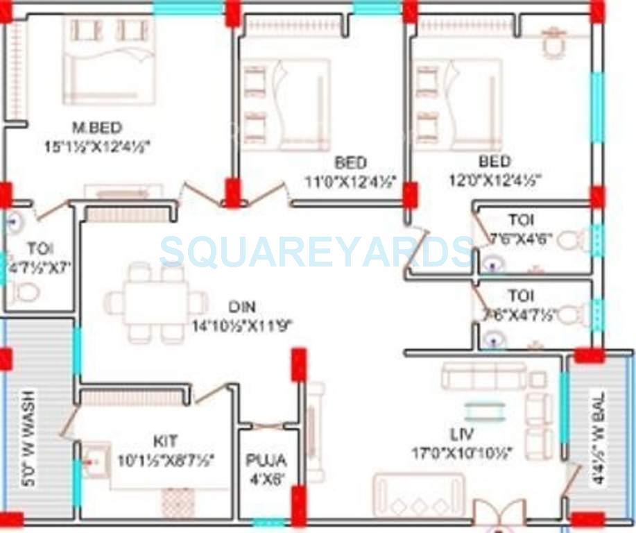 Floor plan of 3 BHK 1690 Sq. Ft. Apartment in Lahari Greens, Hyderabad
