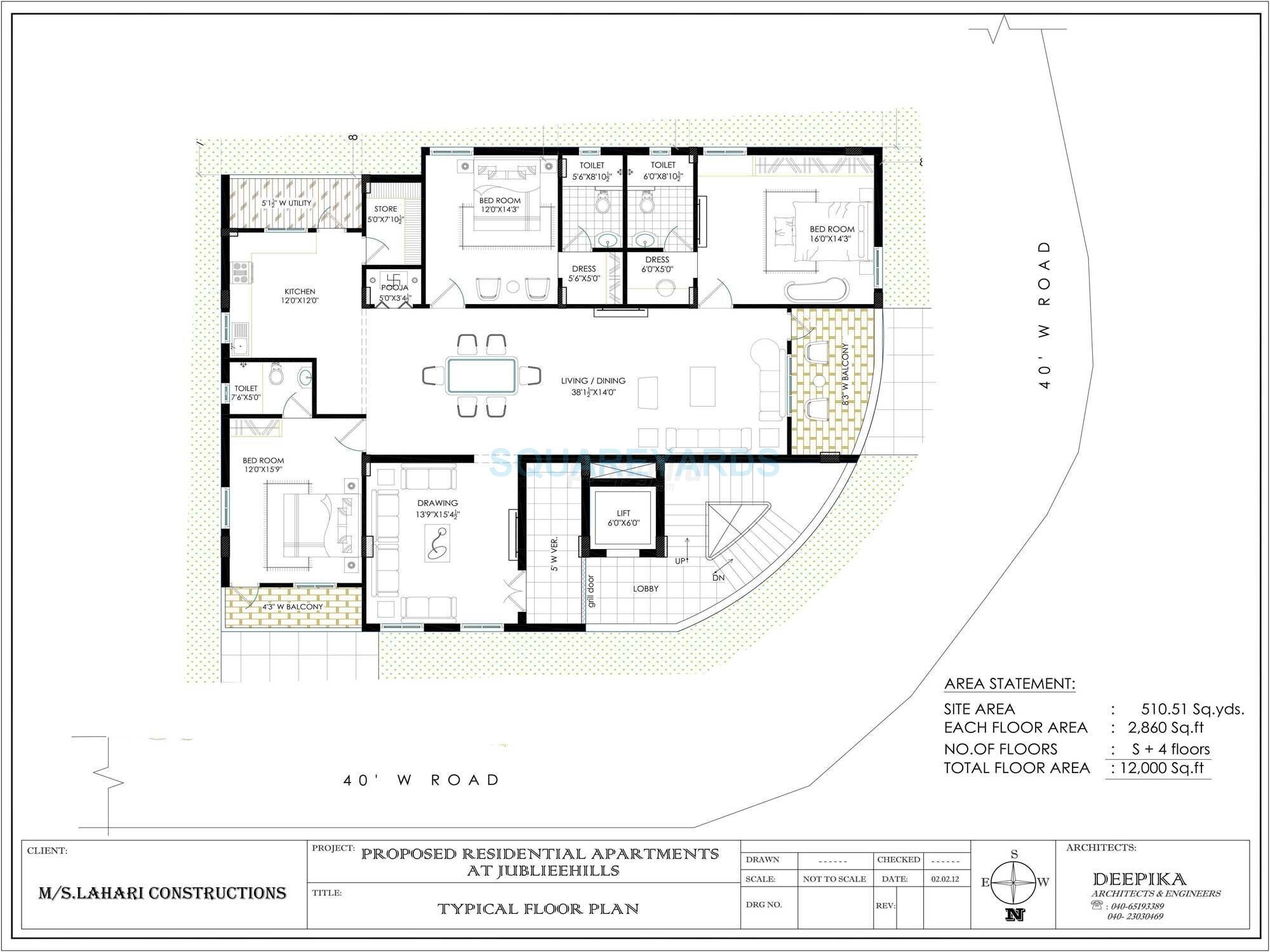 Floor plan of 3 BHK 2860 Sq. Ft. Apartment in Lahari Jubilee Hills, Hyderabad