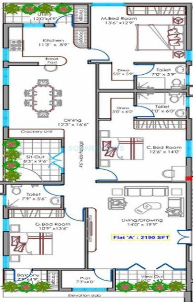 Floor plan of 3 BHK 2425 Sq. Ft. Apartment in Lahari Park, Hyderabad