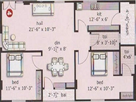 Floor plan of 2 BHK 1045 Sq. Ft. Apartment in Lahari Satish Paradise, Hyderabad