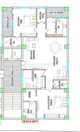 Floor plan of 3 BHK 1915 Sq. Ft. Apartment in Lahari Tilak Nagar, Hyderabad