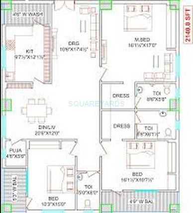 Floor plan of 3 BHK 2140 Sq. Ft. Apartment in Lahari Tilak Nagar, Hyderabad