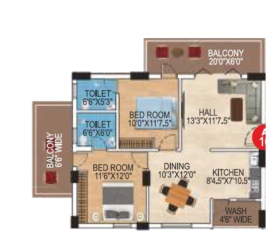 Floor plan of 2 BHK 1303 Sq. Ft. Apartment in Lakshmi Cadillac, Hyderabad