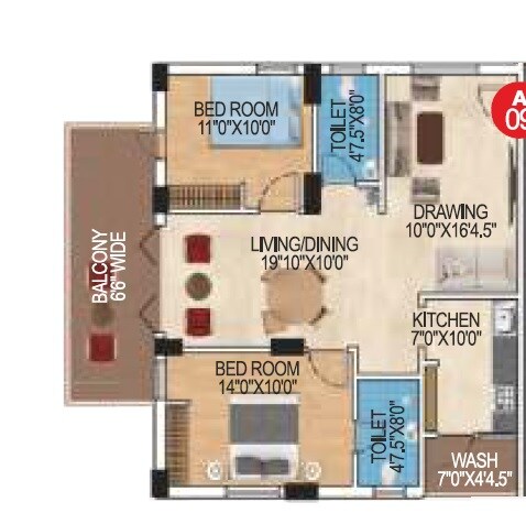 Floor plan of 2 BHK 1385 Sq. Ft. Apartment in Lakshmi Cadillac, Hyderabad