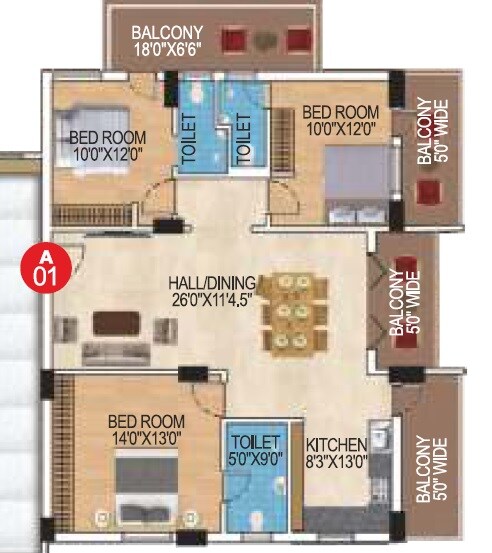 Floor plan of 3 BHK 1490 Sq. Ft. Apartment in Lakshmi Cadillac, Hyderabad
