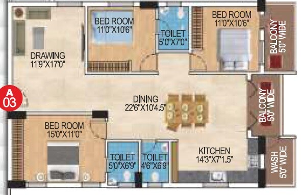Floor plan of 3 BHK 1816 Sq. Ft. Apartment in Lakshmi Cadillac, Hyderabad