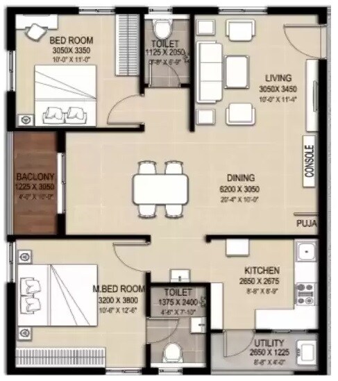 Floor plan of 2 BHK 1155 Sq. Ft. Apartment in Lakshmi Harsha Classic, Hyderabad