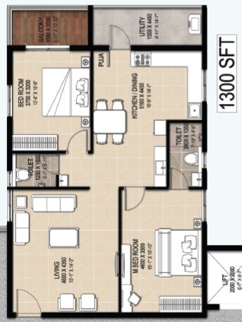 Floor plan of 2 BHK 1300 Sq. Ft. Apartment in Lakshmi Harsha Classic, Hyderabad
