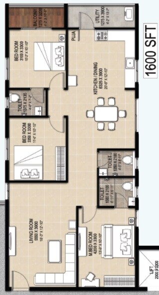 Floor plan of 3 BHK 1600 Sq. Ft. Apartment in Lakshmi Harsha Classic, Hyderabad