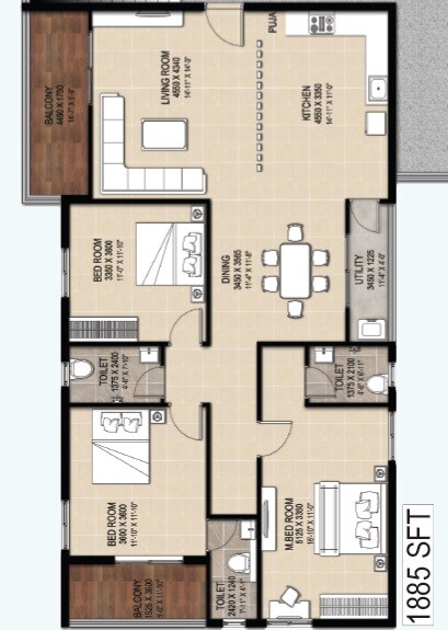 Floor plan of 3 BHK 1885 Sq. Ft. Apartment in Lakshmi Harsha Classic, Hyderabad