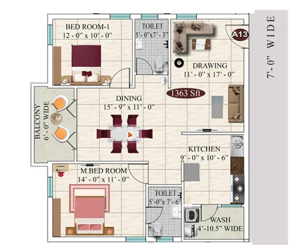 Floor plan of 2 BHK 1363 Sq. Ft. Apartment in Lakshmi Sahaj Nivas, Hyderabad