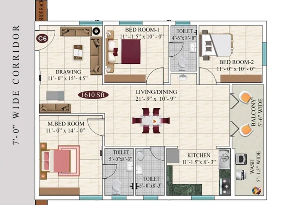Floor plan of 3 BHK 1610 Sq. Ft. Apartment in Lakshmi Sahaj Nivas, Hyderabad