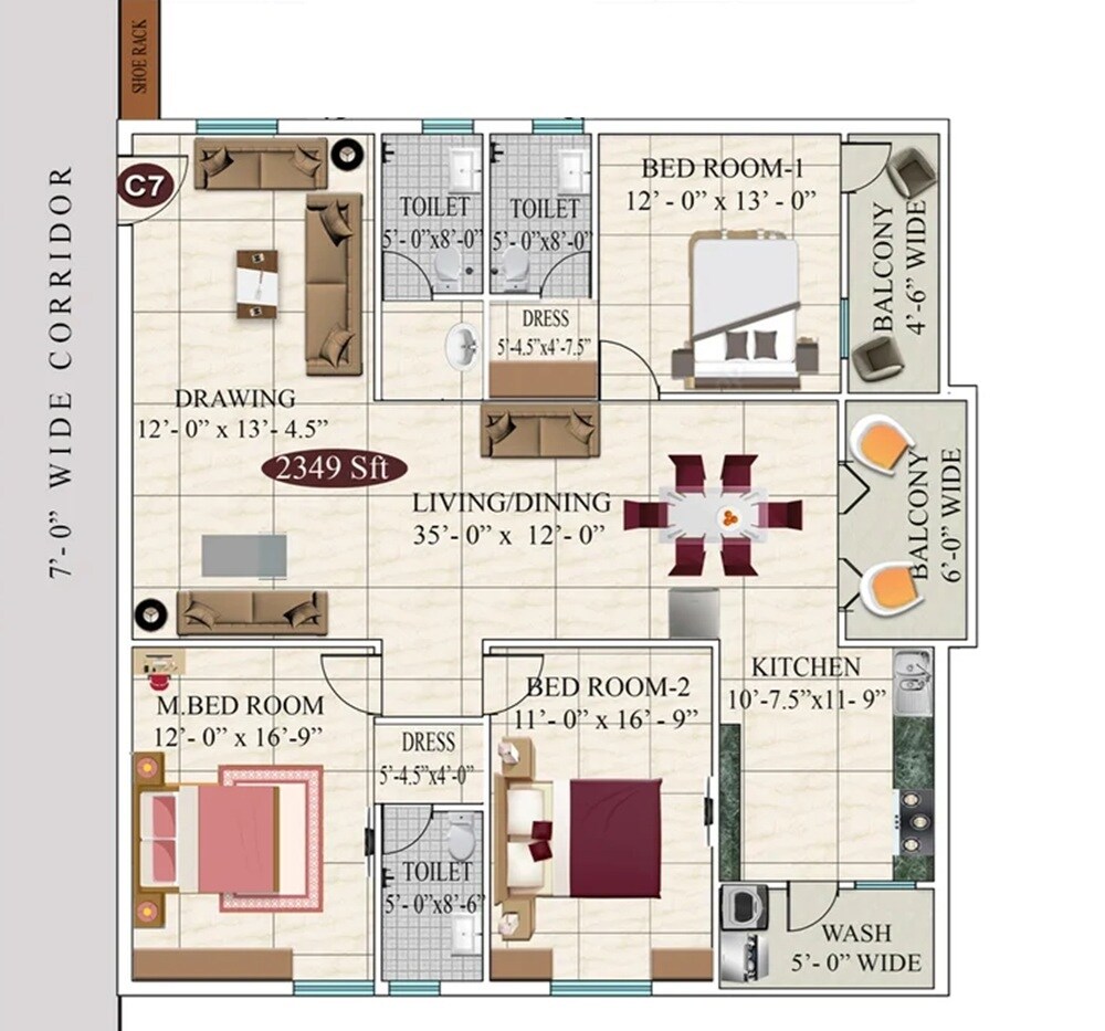Floor plan of 3 BHK 2349 Sq. Ft. Apartment in Lakshmi Sahaj Nivas, Hyderabad