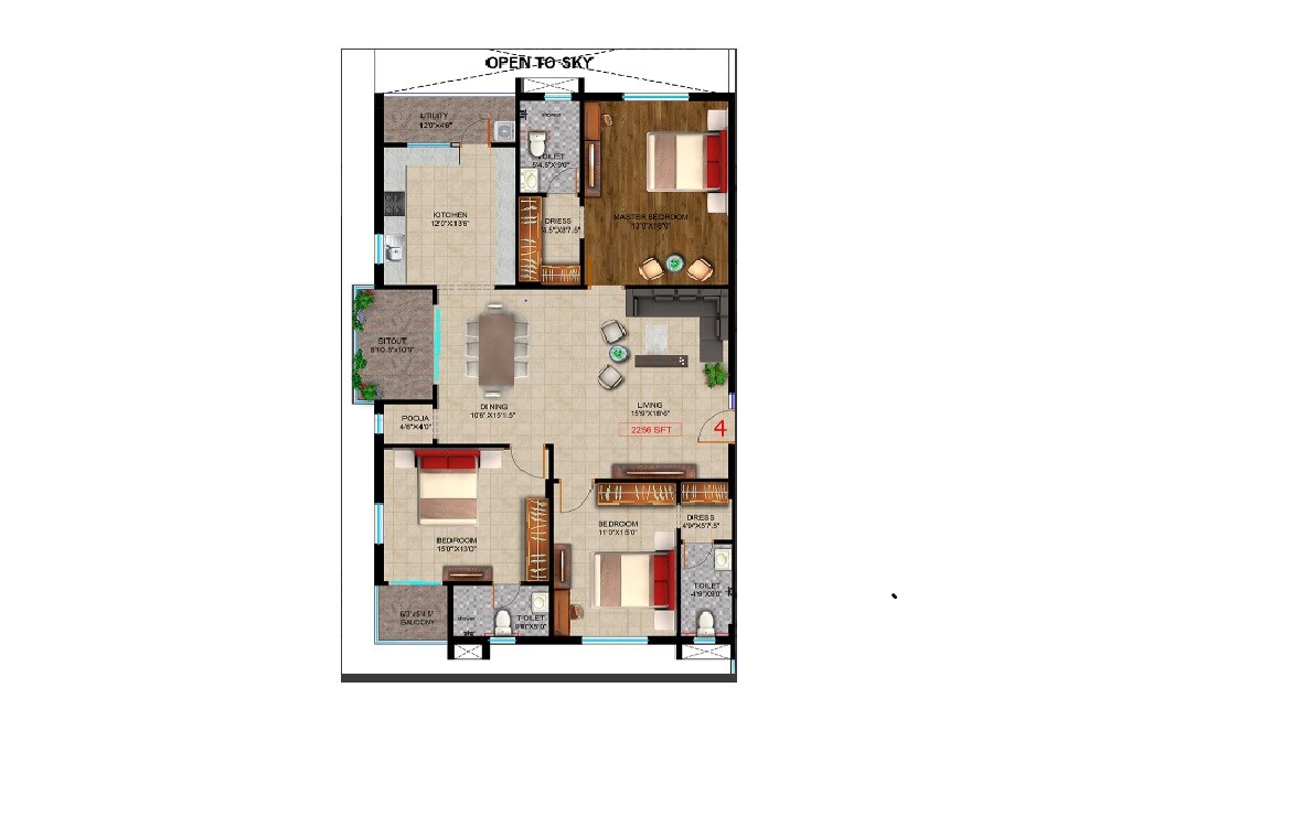 Floor plan of 3 BHK 2256 Sq. Ft. Apartment in Lakshmi Sikhara Pride, Hyderabad