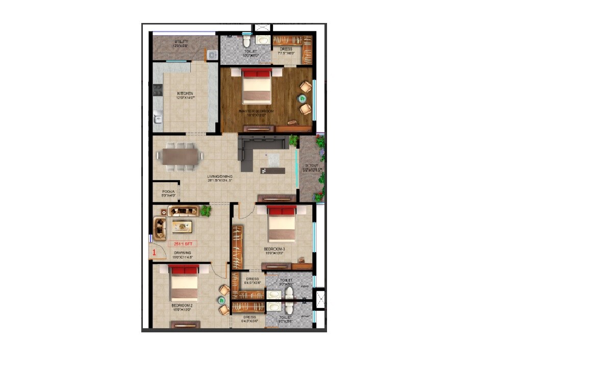 Floor plan of 3 BHK 2511 Sq. Ft. Apartment in Lakshmi Sikhara Pride, Hyderabad