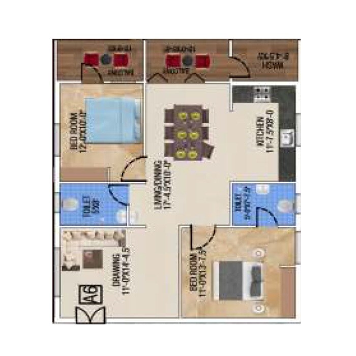 Floor plan of 2 BHK 1743 Sq. Ft. Apartment in Lakshmis Emperia, Hyderabad
