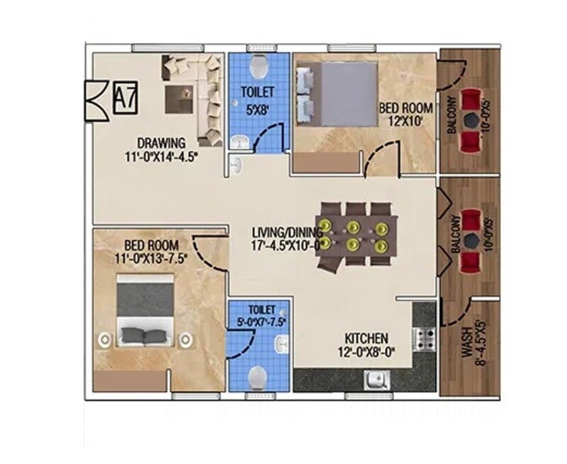 Floor plan of 2 BHK 999 Sq. Ft. Apartment in Lakshmis Emperia, Hyderabad
