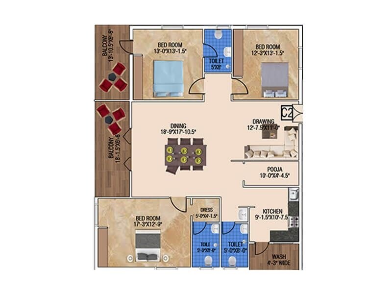 Floor plan of 3 BHK 2243 Sq. Ft. Apartment in Lakshmis Emperia, Hyderabad