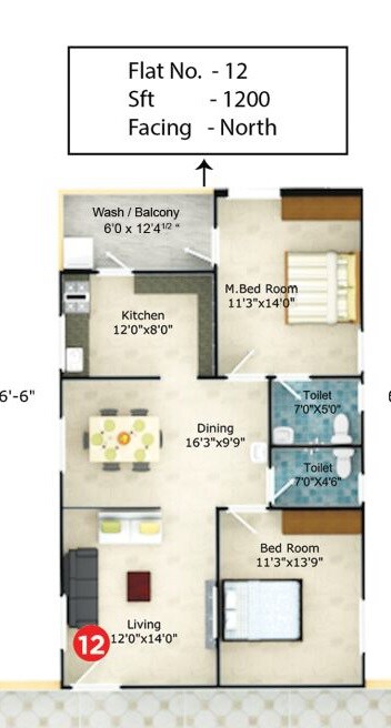 2 BHK 1200 Sq. Ft. Apartment