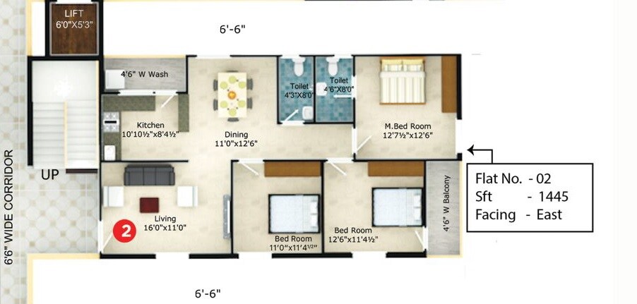 Floor plan of 3 BHK 1445 Sq. Ft. Apartment in Lalitha Mejastic, Hyderabad