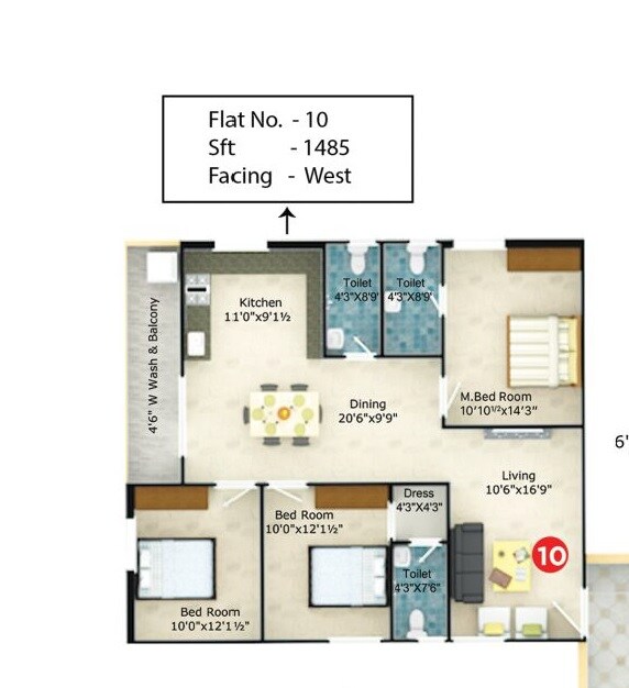 Floor plan of 3 BHK 1485 Sq. Ft. Apartment in Lalitha Mejastic, Hyderabad