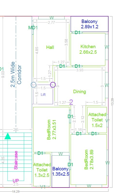 Floor plan of 2 BHK 1214 Sq. Ft. Apartment in Lalitha Mythili Pride, Hyderabad