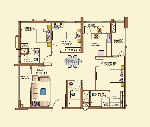 Floor plan of 2 BHK 1153 Sq. Ft. Apartment in Lanco Hills Apartments, Hyderabad